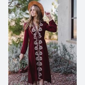 NWT: WISHLIST; MAROON  EMBROIDERED  HI-LO MIDI/MAXI LONG SLEEVE DRESS.